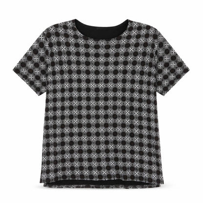 Front view of Eye Casuals women’s black geometric basic t-shirt, size XL