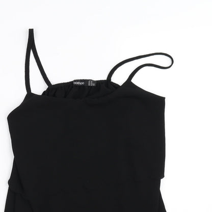 Close-up detail of Boohoo women’s black basic blouse, size UK 12