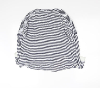 Back view of pre worn women’s black striped jumper, size L