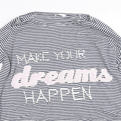 Close-up detail of pre worn women’s black striped jumper, size L