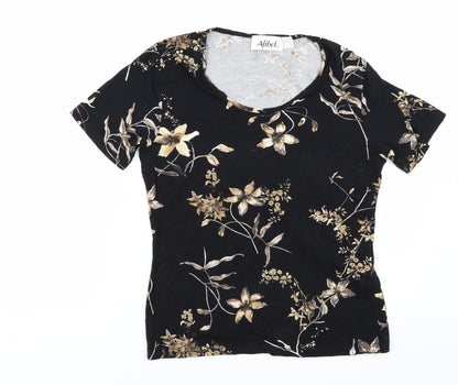 Front view of afibel women’s black floral basic t-shirt, size UK 12