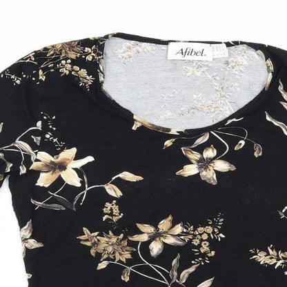 Close-up detail of afibel women’s black floral basic t-shirt, size UK 12
