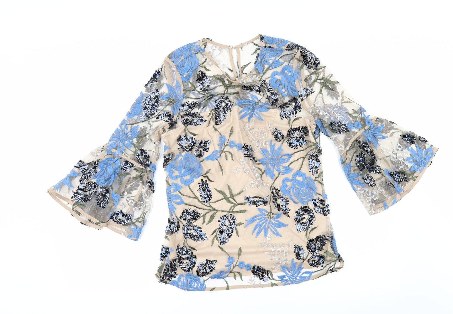 Marks and Spencer Womens Beige Floral  Tunic Blouse Size 10  - flared sleeves