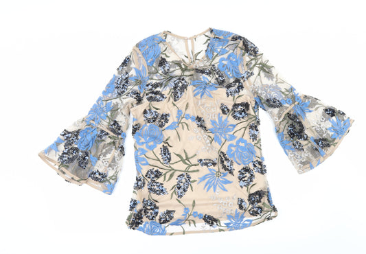 Marks and Spencer Womens Beige Floral  Tunic Blouse Size 10  - flared sleeves