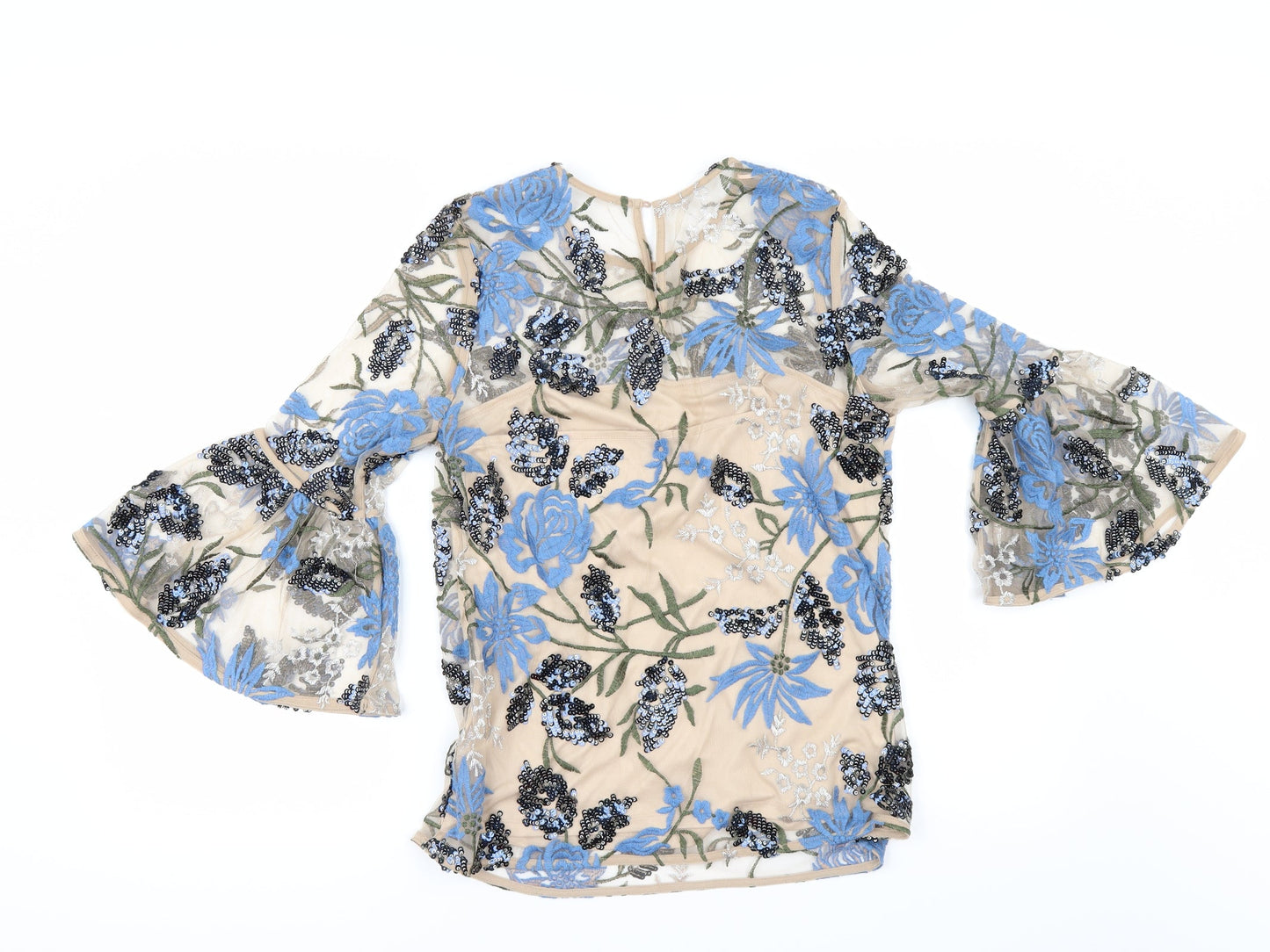 Marks and Spencer Womens Beige Floral  Tunic Blouse Size 10  - flared sleeves