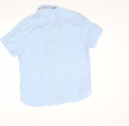 Back view of Easy men’s blue button-up, size L