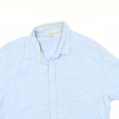 Close-up detail of Easy men’s blue button-up, size L
