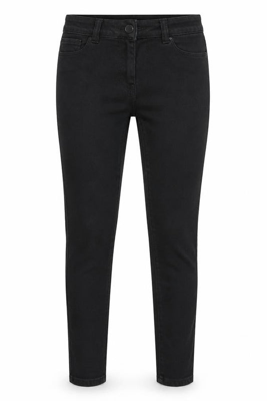 Front view of women’s black skinny jeans, size UK 12, 25-inch leg