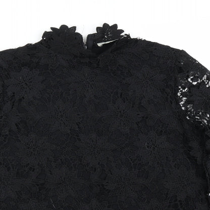 Close-up detail of Papaya women’s black floral basic blouse, size UK 8