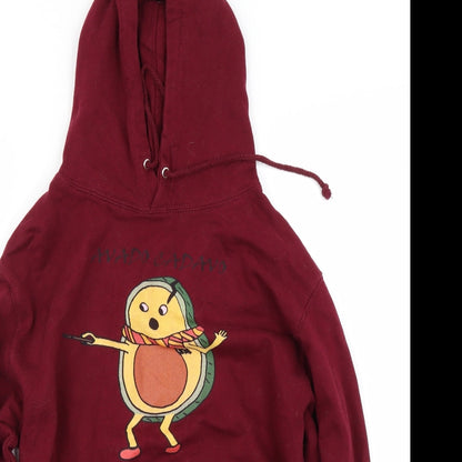 Close-up detail of women’s red pullover hoodie, size S