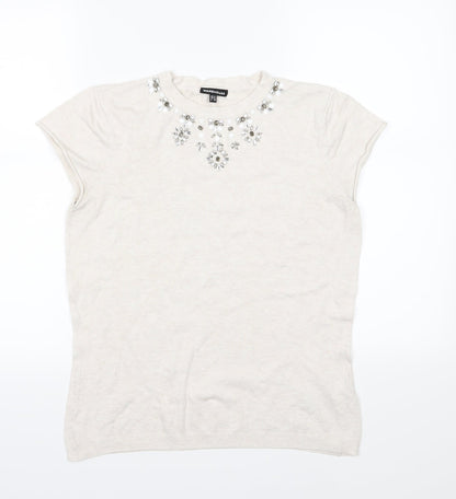 Additional front view of Warehouse women’s ivory knit jumper, size UK 14, - beaded