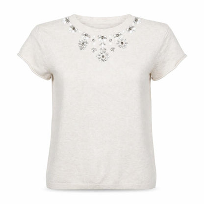 Front view of Warehouse women’s ivory knit jumper, size UK 14, - beaded