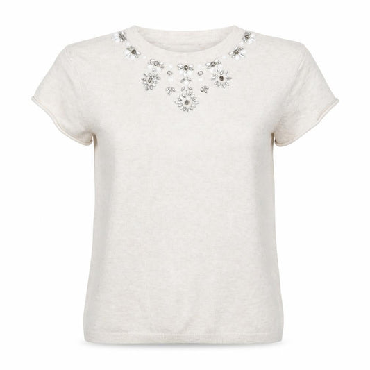Front view of Warehouse women’s ivory knit jumper, size UK 14, - beaded