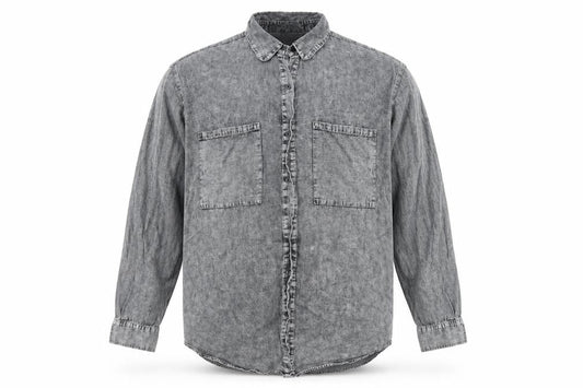 Front view of Rockn rev men’s grey button-up, size M
