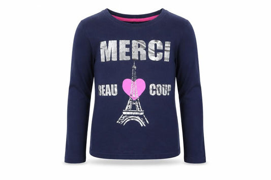 Front view of YD girls’ blue basic t-shirt, size 7-8, years - merci beaucoup