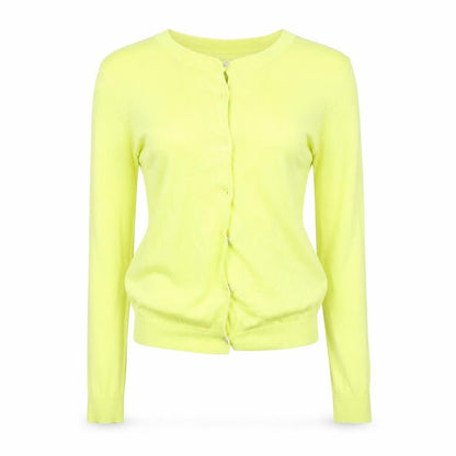 Front view of John Lewis women’s yellow cardigan jumper, size UK 8