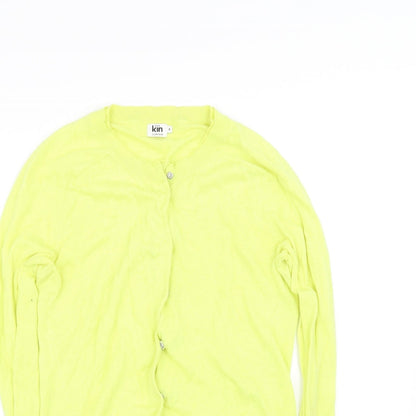 Close-up detail of John Lewis women’s yellow cardigan jumper, size UK 8
