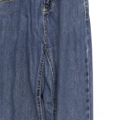 Close-up detail of Denim & Co. women’s blue trousers, size UK 8, 30-inch leg