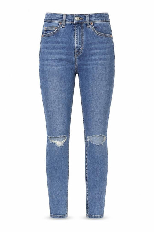 Front view of women’s blue skinny jeans, size UK 26, in, 30-inch leg
