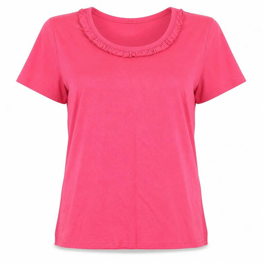 Front view of Bella Beau women’s pink basic t-shirt, size L