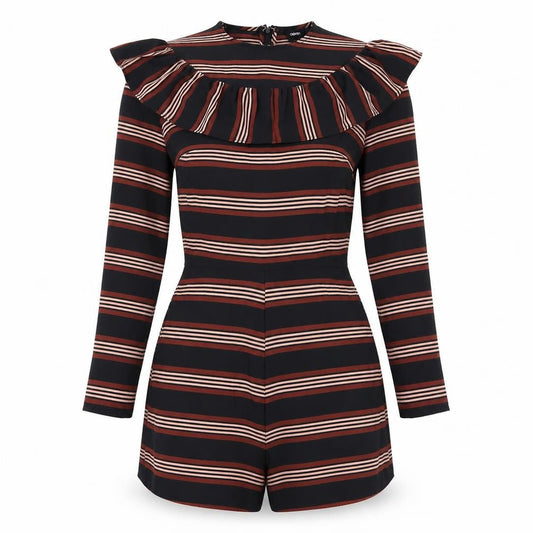 Front view of ASOS women’s black striped playsuit one-piece, size UK 8