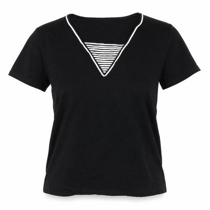 Front view of MONQUIE women’s black basic t-shirt, size UK 12