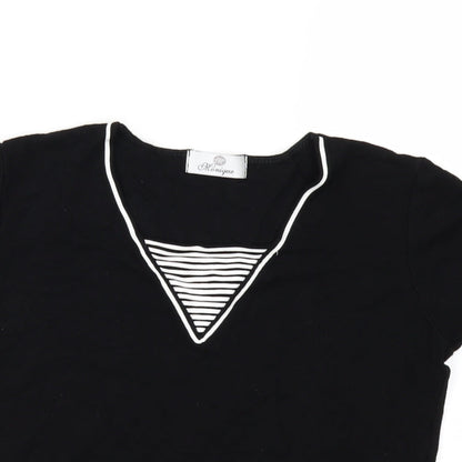 Close-up detail of MONQUIE women’s black basic t-shirt, size UK 12