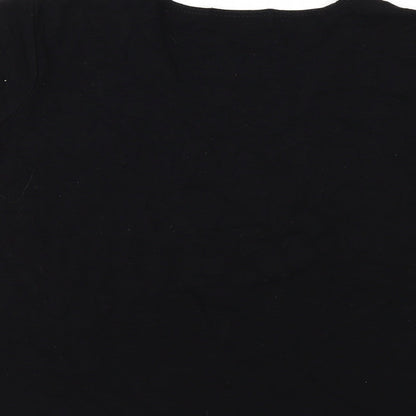 Brand and care label for MONQUIE women’s black basic t-shirt, size UK 12