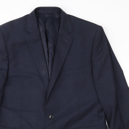 Close-up detail of Preworn men’s blue jacket suit jacket, size 40