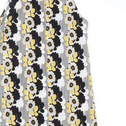 Brand and care label for Miss Selfridge women’s black floral chiffon basic blouse, size UK 10