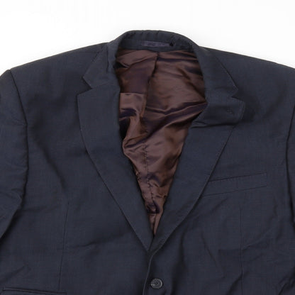 Close-up detail of Preworn men’s blue jacket suit jacket, size 46