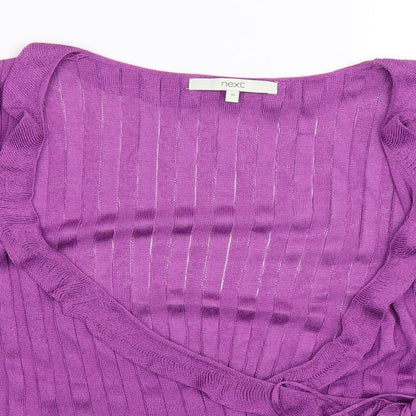 Close-up detail of Next women’s purple knit cardigan jumper, size UK 16