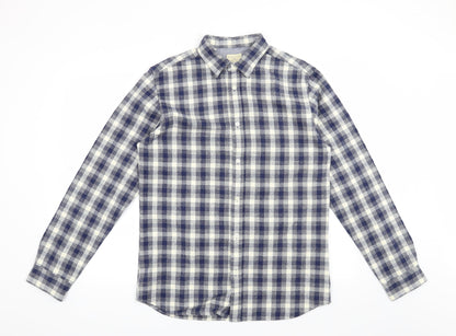 Front view of Selected Homme men’s blue check button-up, size M