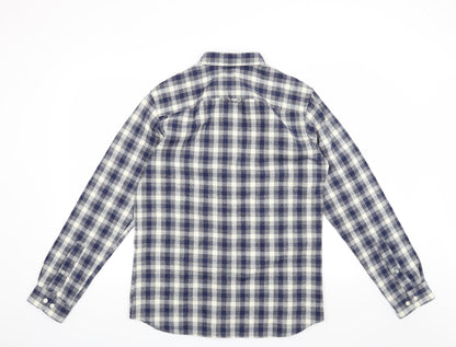 Back view of Selected Homme men’s blue check button-up, size M