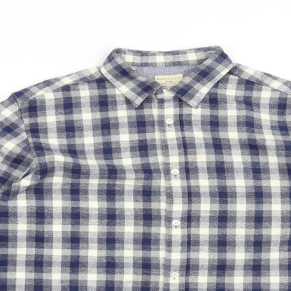 Close-up detail of Selected Homme men’s blue check button-up, size M