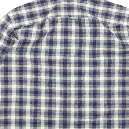Brand and care label for Selected Homme men’s blue check button-up, size M