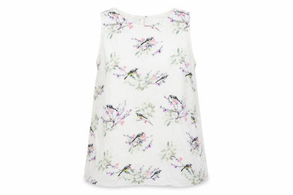 Front view of Warehouse women’s white basic blouse, size UK 6, - birds