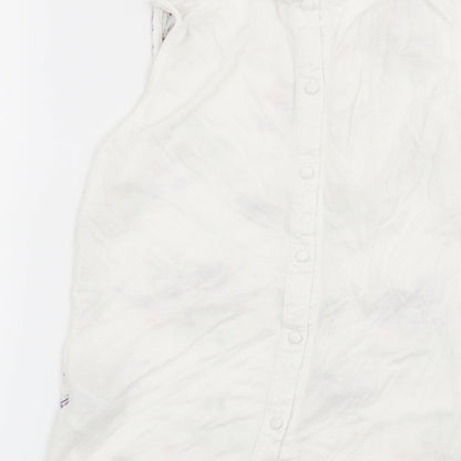 Brand and care label for Warehouse women’s white basic blouse, size UK 6, - birds