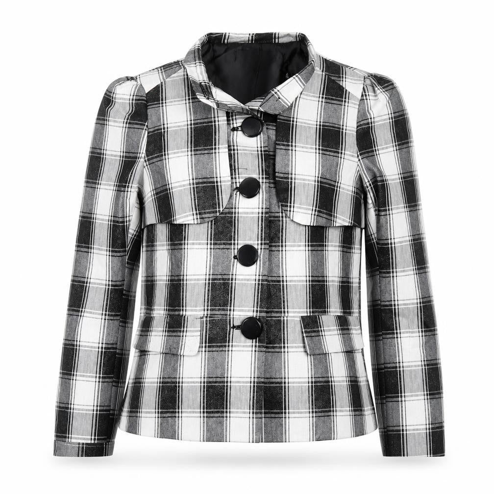 kiss fashion Womens White Plaid  Jacket Blazer Size S