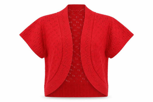 Front view of glamarose women’s red cardigan jumper, size UK 12