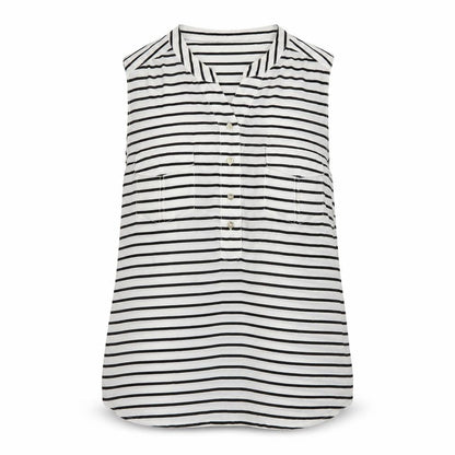Front view of Rockmans women’s white striped basic blouse, size UK 16