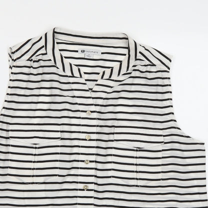 Close-up detail of Rockmans women’s white striped basic blouse, size UK 16