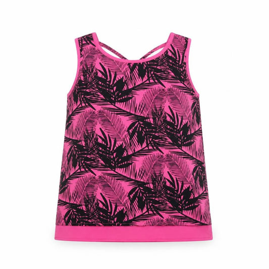 Front view of Pep&Co girls’ pink floral basic tank, size 8-9, years