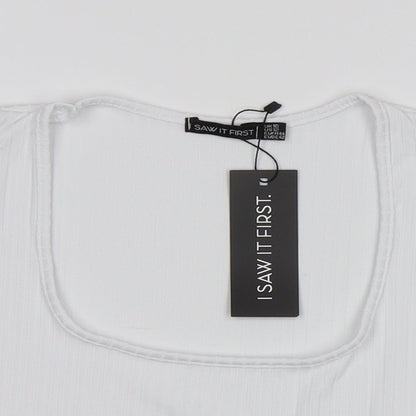 Close-up detail of I SAW IT FIRST women’s white basic t-shirt, size UK 16