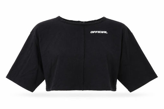Front view of Boohoo women’s black cropped t-shirt, size UK 12
