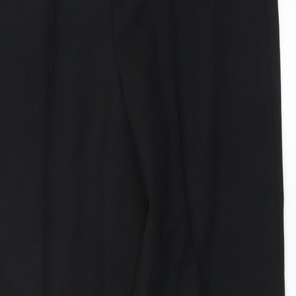 Close-up detail of Preworn women’s black trousers, size UK 10, 27-inch leg