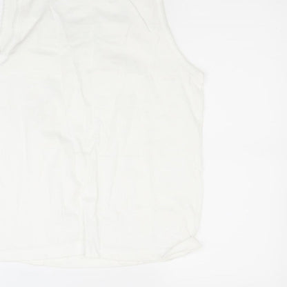 Brand and care label for emos women’s white basic t-shirt, size M