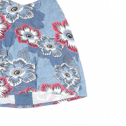 Brand and care label for Next women’s blue floral basic tank, size UK 8