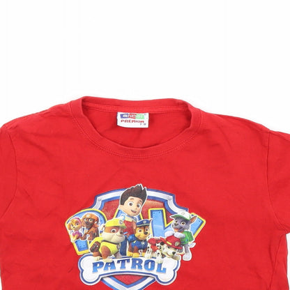 Close-up detail of anbor boys’ red pullover t-shirt, size 7-8, years - paw patrol