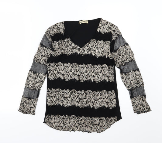Michele Monet Womens Black Striped Mesh Basic Blouse Size S